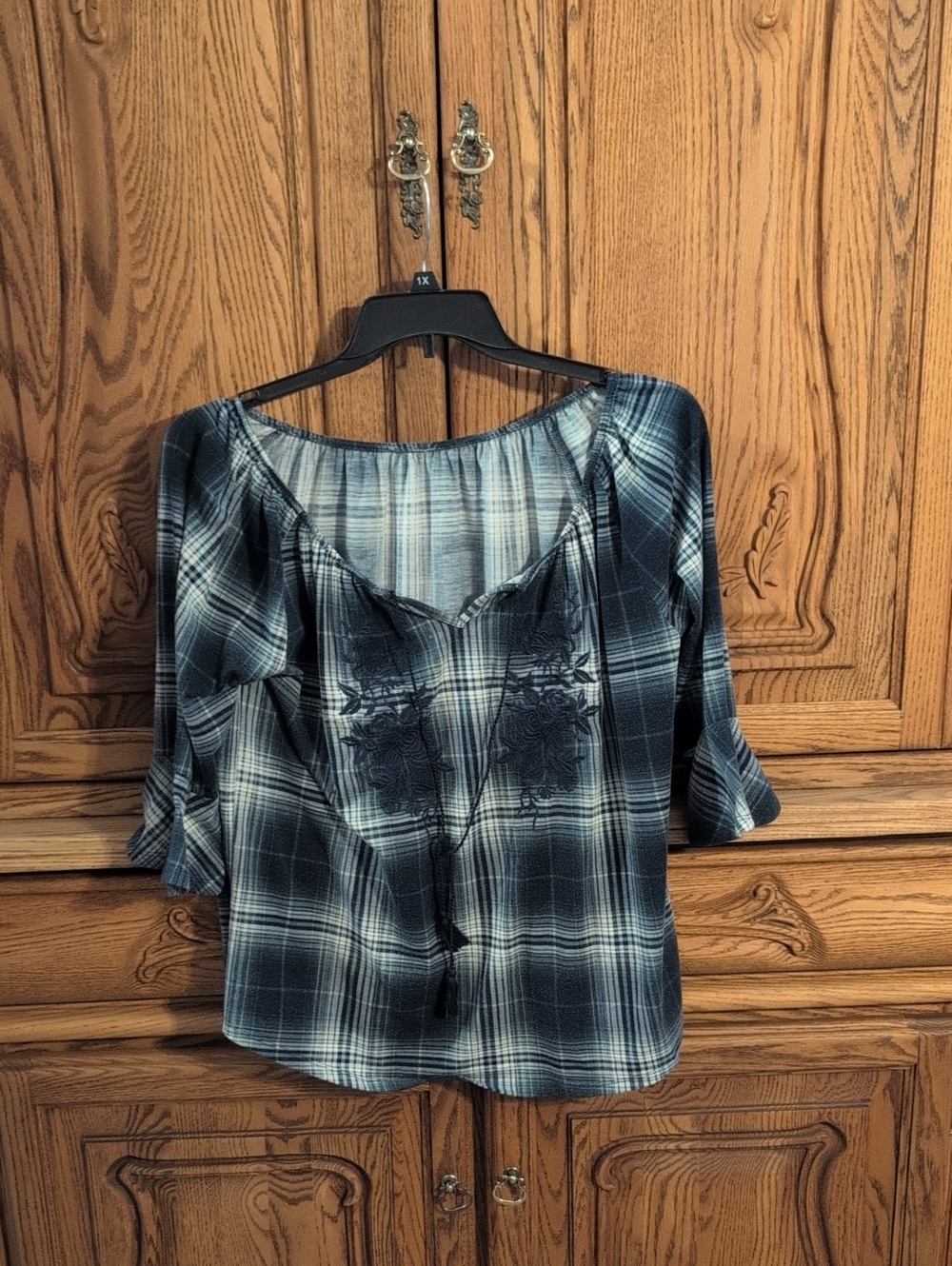 Blue Plaid Embroidered Peasant Blouse